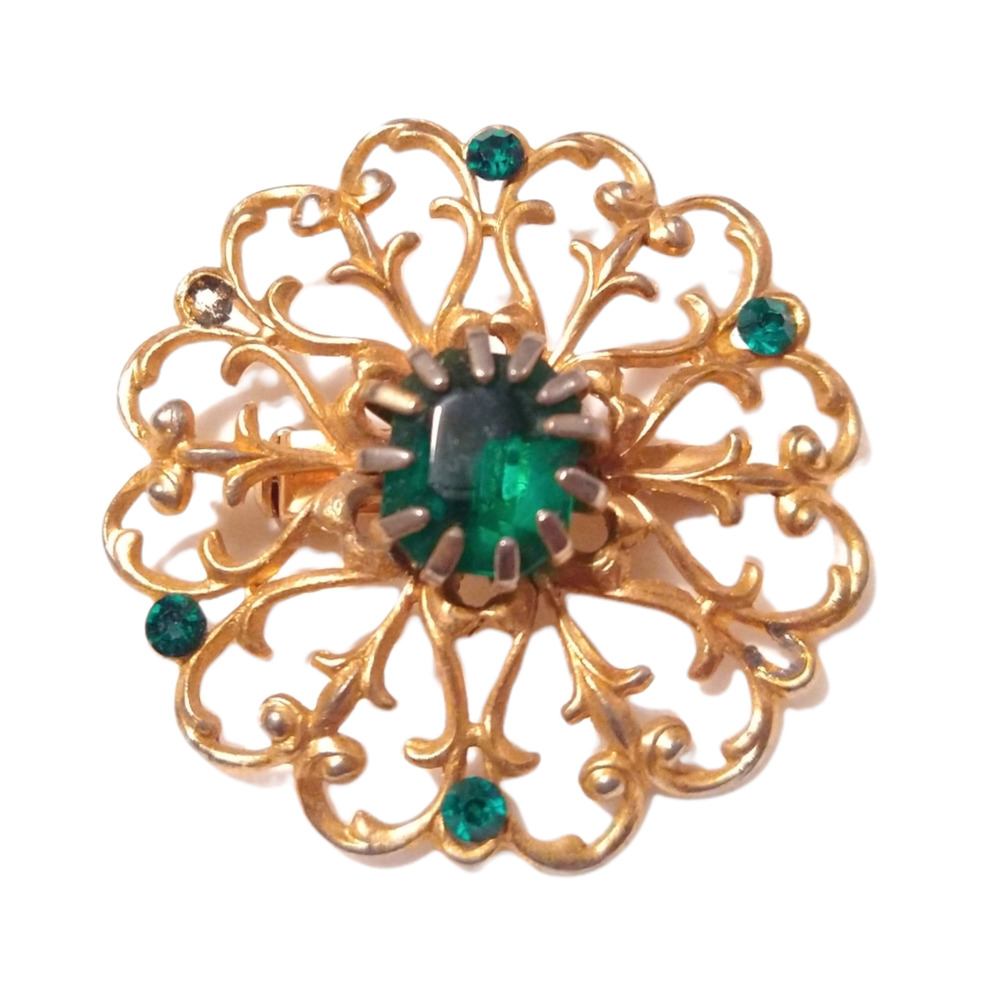 Vintage Gold tone Brooch Emerald Cut Green Stone Prong Set Unsigned